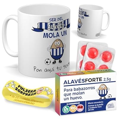 Kit regalo personalizado para fanáticos del Alavés | Taza personalizada Ser del Alavés mola un huevo + Caramelos divertidos + Pulsera sorpresa | Regalo Personalizado para Futboleros | Ya disponible en tu tienda friki favorita! En mundofriki.es!