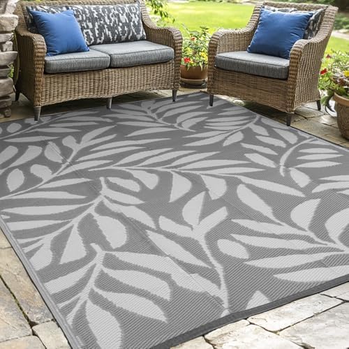 wikiwiki Outdoor Rug, 5x8ft Waterproof Reversible Mat Indoor Outdoor Rugs Carpet, Small Area Rug Plastic Straw Rug for Patio Deck Balcony Pool RV Camping Beach Picnic, Grey, Rugscape Series