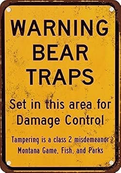 Warning Bear Traps Montana Vintage Look Reproduction Metal Tin Sign 8x12 Inches By YFULL