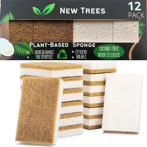 Natural Sponges for Dishes – 12-Pack Coconut Fiber and Wood Cellulose Sponges – Biodegradable and Earth-Friendly Cleaning Eco Sponges – Multipurpose Scrub Sponges for Dishes