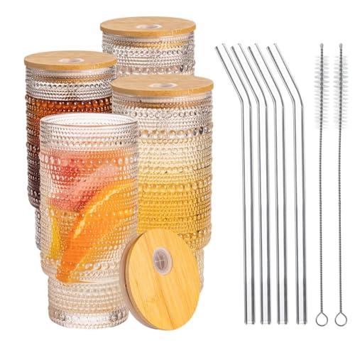 MRZIKPO Drinking Glasses with Bamboo Lids and Glass Straw 4pcs Set,16oz Glass Tumbler Cups,Water Glasses,Iced Coffee Glasses,iced Tea Glasses,Beer Glasses,Ideal for Whiskey,2 Brushes