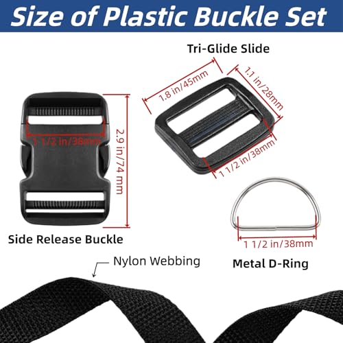 Heavy-Duty Buckle and Strap Set 1 1/2“: 12 Yards of Thick Nylon Webbing, 12-Pack Adjustable Quick Side Release Plastic Buckles, 24 Tri-Glide slide Clips, 12 Metal D-rings, Black (1 1/2” Combo kit) - Thumbnail 2