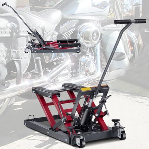 TANGZON 680KG Motorbike Lifts, Hydraulic Motorcycle Lift Jack with 3 Positions Safety Locks, T-Handle, 4 Wheels, 14-43cm Adjustable Platform, Heavy Duty Foot Operated Hoist Stand for ATV (Red+Black)