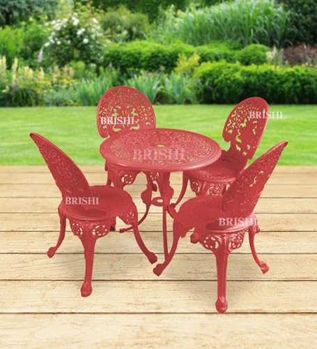Image of BRISHI Cast Aluminium Garden Patio Seating Chair and Table Set for Balcony Outdoor Furniture with 1 Table and 4 Chair Set (Red)