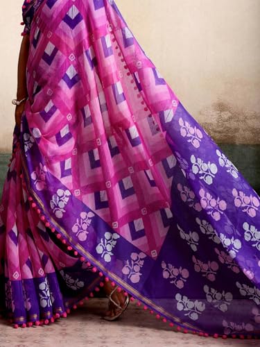 Image of AKHILAM Women's Cotton Printed Saree With Unstitched Blouse Piece