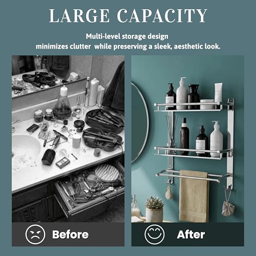Image of GLOXY Premium Stainless Steel Bathroom Shelf Combo Pack of 3 | Double Layer Wall Mounted Storage Rack with Towel Rods | Chrome Finish Bathroom Fittings Accessories Set for Home & Washroom