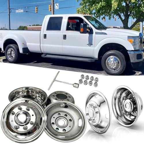 Image of 4pcs Front+Rear 17 inch Polished 304L Stainless Steel Dually Wheel Simulators,Nice Looking Bolt On Wheel Cover,8 Lug 4 Hand Hole Hubcaps Compatible with 2005-2025 Ford F350 C17A8