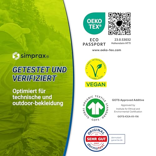 simprax® Textil Wash-In Imprägnierung - Klimaneutrales Imprägniermittel. Umweltfreundliche Einwaschimprägnierung für Funktions- & Outdoortextilien wie Gore-Tex, etc. Waschmaschine o. Handwäsche