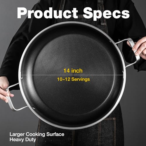 مقلاة بايلا ثلاثية الطبقات من الستانلس ستيل مقاس 14.5 انش من يكسوم، 12 حصة مع غطاء، مقلاة كبيرة غير لاصقة 18/10، طباخ جامبو، مقلاة حثية للاستخدام الخارجي والتخييم والحفلات