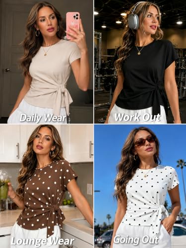 Image of HOTIAN Womens Cap Sleeve T Shirts 2026 Tie Waist Wrap Tops Crew Neck Blouses Dressy Casual Loose Work Business Dressy