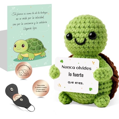 Imagen de Tortuga Amigurumi Hecha a Mano con Frases Inspiradoras en Español Peluche Motivacional con Llavero Regalo Original para Amiga