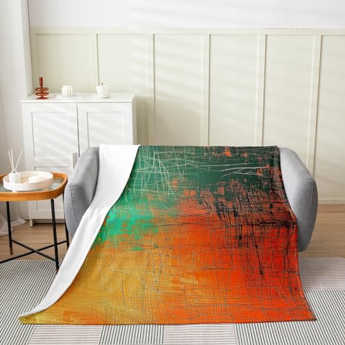 Image of Grunge Abstract Art Bed Throw Blanket Kids Teal and Orange Messy Rust Painting Fleece Throw Blanket Modern Vintage Retro Fuzzy Blanket Breathable Flannel Plush Blanket Room Decor Throw 50 inchx60 inch