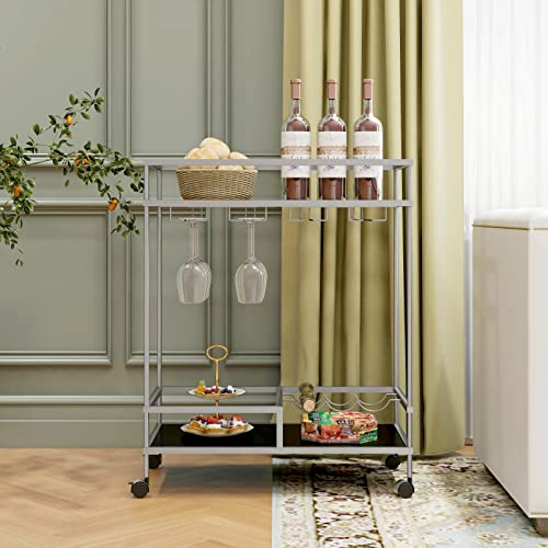 Ryr 2 Tier Bar Cart Silver,Kitchen Serving Cart For Home With Wheels,Wine Cart With 2 Mirrored Shelves,Wine Holders,Glass Holder,Storage Shelves For Kitchen,Living Room,Dining Room #TOP1
