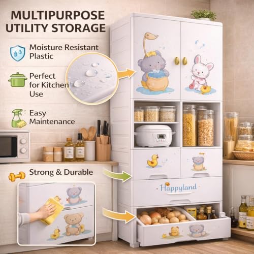 Image of AYSIS Kids Plastic Collapsible Wardrobe Organizer for Storage with Drawers | Cute Cartoon Design | Heavy Duty Cloth Organizer for Storage | Easy to Assemble | Perfect for Kids Room & Home | Elephant