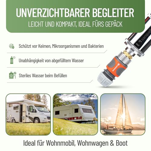 Wasserfilter Camping Wohnmobil, Wohnwagen Explorer | Keimsperre | Medizintechnik | Sauberes Trinkwasser unterwegs | Befüllfilter für Frischwassertank | Komplettset | bis 8 Liter/Minute | Silber
