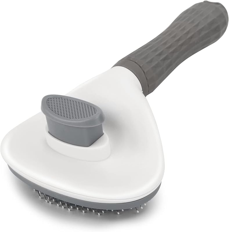 Depets Cat Brush for Shedding, Skin Friendly Self-Clean Dog Slicker Brush | Elimina la capa interna suelta, para perros, gatos, conejos, pelo largo y corto, herramienta de aseo para mascotas con puntas redondeadas, mango ergonómico, gris