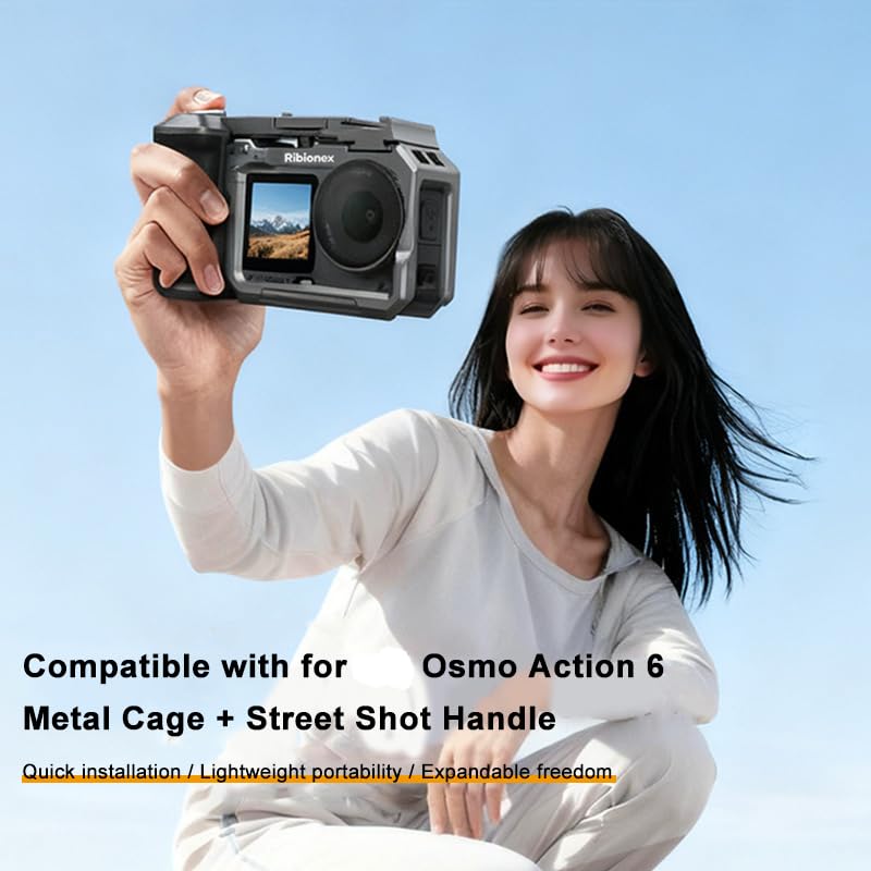Street Grip Combo para DJI Osmo Action 6, soporte para vlog con jaula de conejo y mango de metal, sistema magnético de liberación rápida con soporte de zapata fría para accesorios de cámara (serie