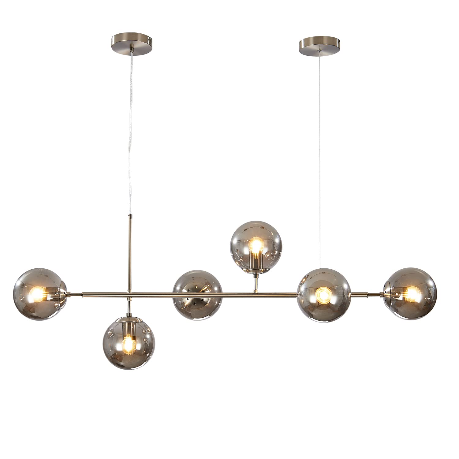Photo 1 of KCO Modern 6-Light Ceiling Pendant Lighting Mid-Century Glass Globes Sputnik Pendant Lamp Hanging Adjustable Chandelier for Kitchen Island Living Dining Room (Silver+Smoke Grey)