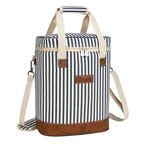 Kato Tirrinia Sac à bouteille pour 6 bouteilles isotherme Sac à vin isotherme portable avec sangle pour pique-nique, fête, barbecue, camping, dégustation de vin, rayures beige 27 x 20 x 35 cm Cover