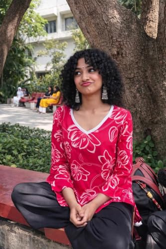 Image of Women Pure Cotton Floral Printed Short Kurti | Square Neck | Full Sleeves | Stylish Ethnic Kurta | Back Tie-Up | Casual Wear Kurta