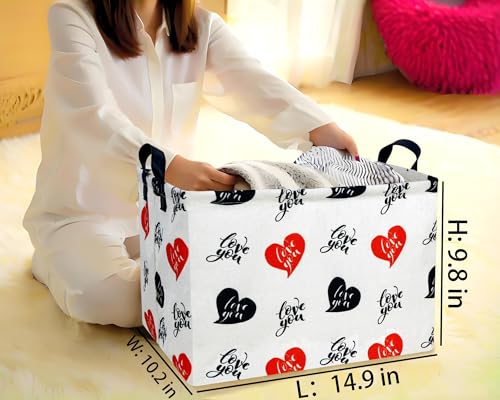 Image of Large Valentine's Day Basket Heart Shaped Storage Bin for Gifts Collapsible Organizer Room Decor (Red Black Love You)