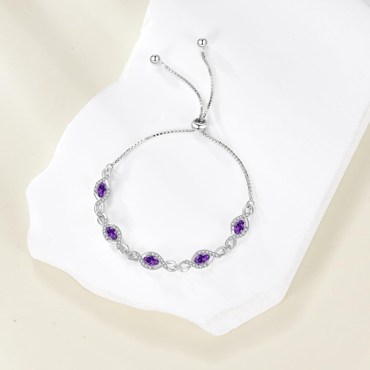 Infinity Birthstone Bracelet 925 Sterling Silver Oval Cut Gemstone Adjustable with Box Chain 6.5+2 Inch for Anniversary Birthday Women Gifts