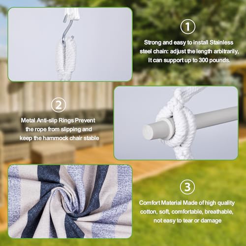 Image of Backyard Expressions Striped Hammock Chair Hanging Rope Swing Chair, Anti Slip Steel Spreader Bar