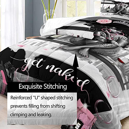 Luvivihome 3Pcs African American Black Girl Comforter Set, King Size Comforter Set, Bag High Heels Inspirational Quotes Black And White Bedding Quilt, Pink Bedroom Decor For Women, 2 Pillow Shams #TOP4
