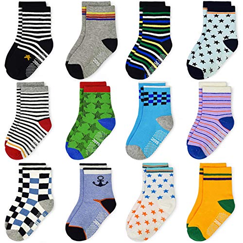 12 Pairs Toddler Non Skid Socks with Grips Anti Slip Bottom, Cotton Non Slip Ankle Crew Socks for Boys, Girls, Kids(3-5Years)
