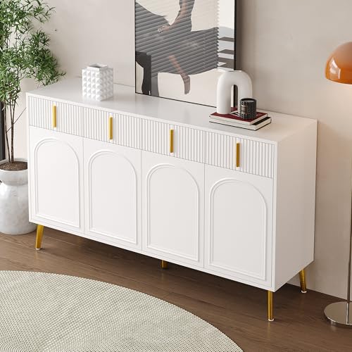 Muskel Aparador escandinavo con espacio de almacenamiento, 140 cm, con patas doradas, con puertas y cajones, diseño moderno, para salón, comedor, pasillo (blanco, 140 cm)