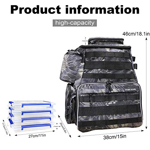 Thekuai Fishing Tackle Backpack 2 Fishing Rod Holders With 4 Tackle Boxes, Large Storage, Backpack For Trout Fishing Outdoor Sports Camping Hiking (Python Black With 4 Trays) #TOP1