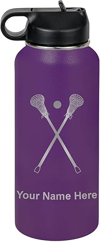 Vista 194 de LaserGram Botella de agua personalizada, palitos de lacrosse, acero inoxidable de doble pared aislada al vacío con popote superior, regalo grabado