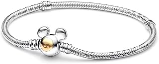 925 Sterling Silver Snake Chain Bracelet Fully compatible with Pandora charms, With Mickey Mouse head Clasp Charm Bracelets Gifts for Teen Women