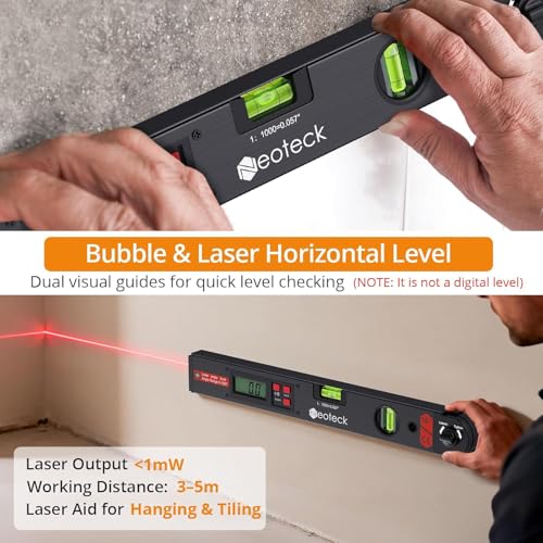 Neoteck Digitaler Winkelmesser 400mm mit LCD Laser Wasserwaage 0-225° Digital Neigungsmesser Winkelmessgerät für vertikale horizontale Doppel Wasserwaage - Schwarz