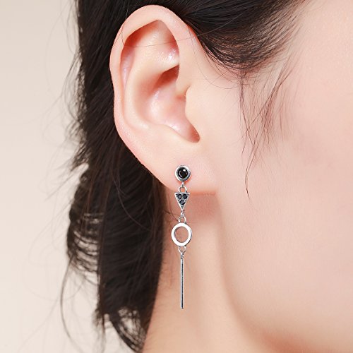 WOSTU Asymmetrical Triangle Earring 925 Sterling Silver Black Geometric Circle Drop Earring with Cubic Zirconia Mismatched Hypoallergenic Dangle Earring Dainty Stud Earrings for Women Girls Jewelry2