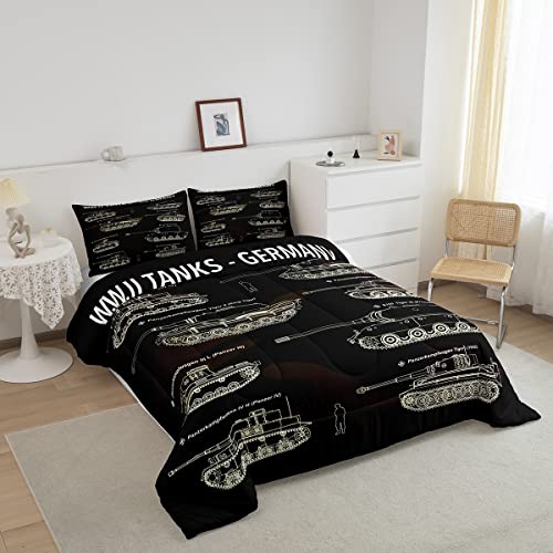 Tank Comforter Set Full, War Theme Bedding Set, Soldier Dirt Bike Camouflage Army Acting Down Comforter For Kid Boy Teen Men,Camo Vintage Style Quilt Set, Military Vehicle Duvet Set Room Decor #TOP1