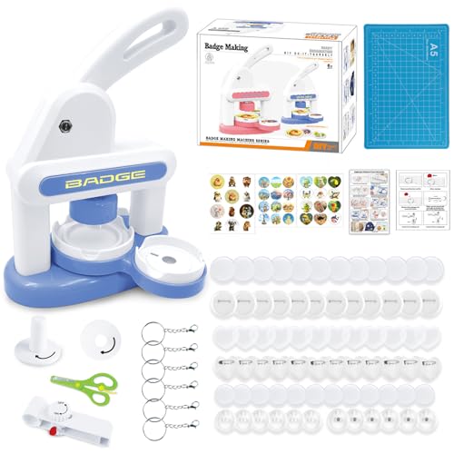 Buttonmaschine,Buttons Selber Machen,Button Maschine Set Mit 85 Zubehörteilen & Kreisschneider,Neueste Modelle Abzeichen Macher Maschine,Pin Makerfür Kinder Diy Geschenke,Blau