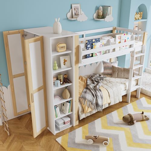 EINHOM Kinderbett 90x200 cm, Etagenbett Hochbett mit Fallschutz und Gitter, Stauraumbett mit 6 Offenen Regalen, Kleiderschrank Seitlich, 4-Stufiger Leiter, Kiefer+PB, Weiß+Natur, Ohne Matratze