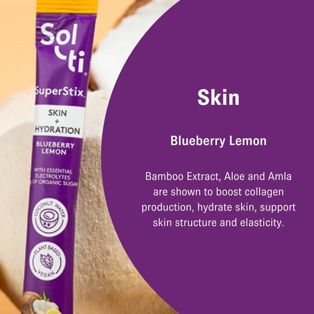 Sol-ti Organic Electrolyte Skin + Hydration Drink Mix, Superfood Hydration Sticks, SuperStix, Non-GMO, Vegan, Blueberry Lemon, 14 Single-Serving Sticks