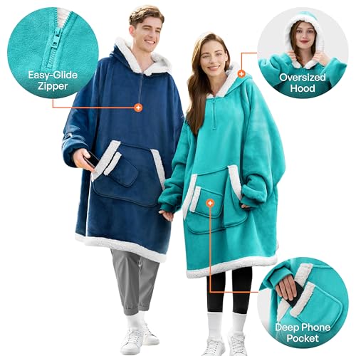 Image of Giggling Getup Wearable Blanket Hoodie for Women Men Gifts for Women Mom Wife Sherpa Fleece Hooded Blanket Sweatshirt Warm Cozy Sherpa Wearable Throw with Pocket & Sleeves for Adult Standard Aqua