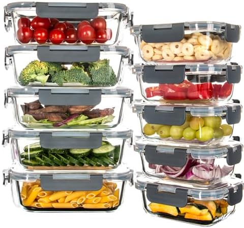 UMEIED Glass Meal Prep Containers - 10 Pack Glass Food Storage Containers with Lids for Lunch, On-the-Go, Leftovers, Pantry Organization - Microwave, Oven, Freezer, and Dishwasher Safe