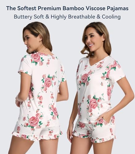 Image of WiWi Womens Pajamas Set Bamboo Viscose Super Soft Short Sleeve Top Ruffle Shorts Sleepwear Cooling Pj Sets S-XXL