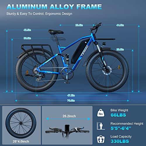 Tesgo Electric Bike Adults 750W 48V 17.5Ah Removable Lg Cells Battery 26'' Fat Tire Ebike 28Mph Snow Beach Mountain E Bike Full Suspension Shimano 7-Speed【Front Rack Included】 #TOP6