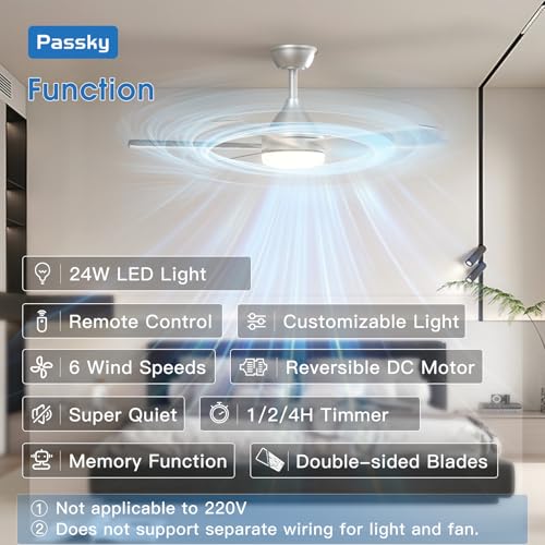 Image of Passky Ceiling Fans with Lights, 42 inch Sleek Ceiling Fan with Light and Remote Control, 3CCT, Dimmable, Reversible, Noiseless, Silver Ceiling Fan for Bedroom, Living Room