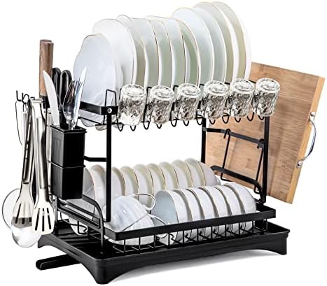 KEASINESS 2 Tier Stainless Steel Dish Racks, Compact Dish Drying Rack Metal Dish Drainer Kitchen Counter with Drainboard