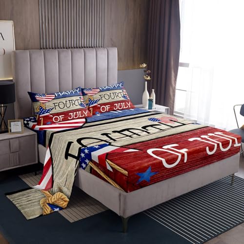 Feelyou Happy 250th Anniversary Patriotic 4th of July Bed Sheets Twin Freedom Sheet Set Americana Stars Bed Set Red Blue Sheets 3Pcs,1 Fitted Sheet+1 Pillow Sham+1 Flat Sheet