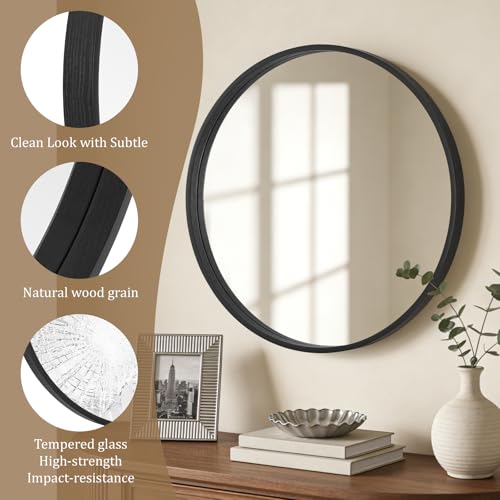 Image of WallBeyond Black Round Mirror Wood Framed 28 inch Circle Wall Mirror for Bathroom Round Wall Mirror for Wall Decor, Vanity, Entryway Living Room