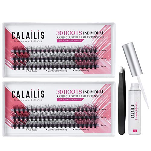 CALAILIS Cluster Lashes, Individual Lashes, DIY Lash Extension Kit, Eyelash Extensions Kit, Faux Mink Individual Eyelashes with Glue and Tweezers（0.05mm C mix, 30 roots/cluster)