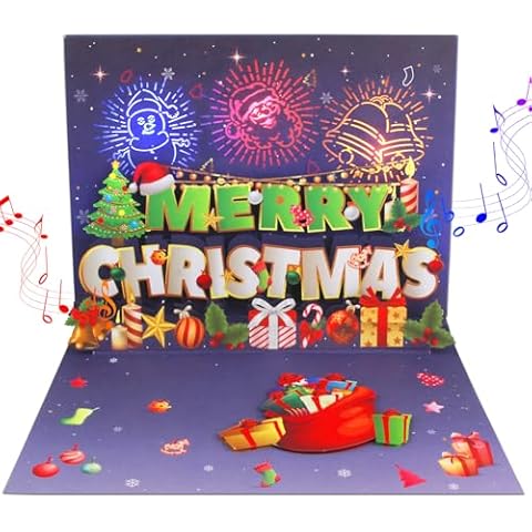MZD8391 LIGHTS & MUSIC 3D Pop Up Firework Christmas Card, Handmade Christmas Card Gifts with Santa, Snowman, Xmas Cards, Playing-We Wish You a Merry Christmas (Multicolor) Cover