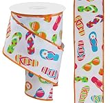 Craig Bachman 2.5' Flip Flops & Sunglasses Wired Edge Ribbon in White & Bright Colors (10 Yards) - Durable for Crafting, Vibrant for Gift Wrapping, Ideal for Floral Arrangements & Summer Home Decor
